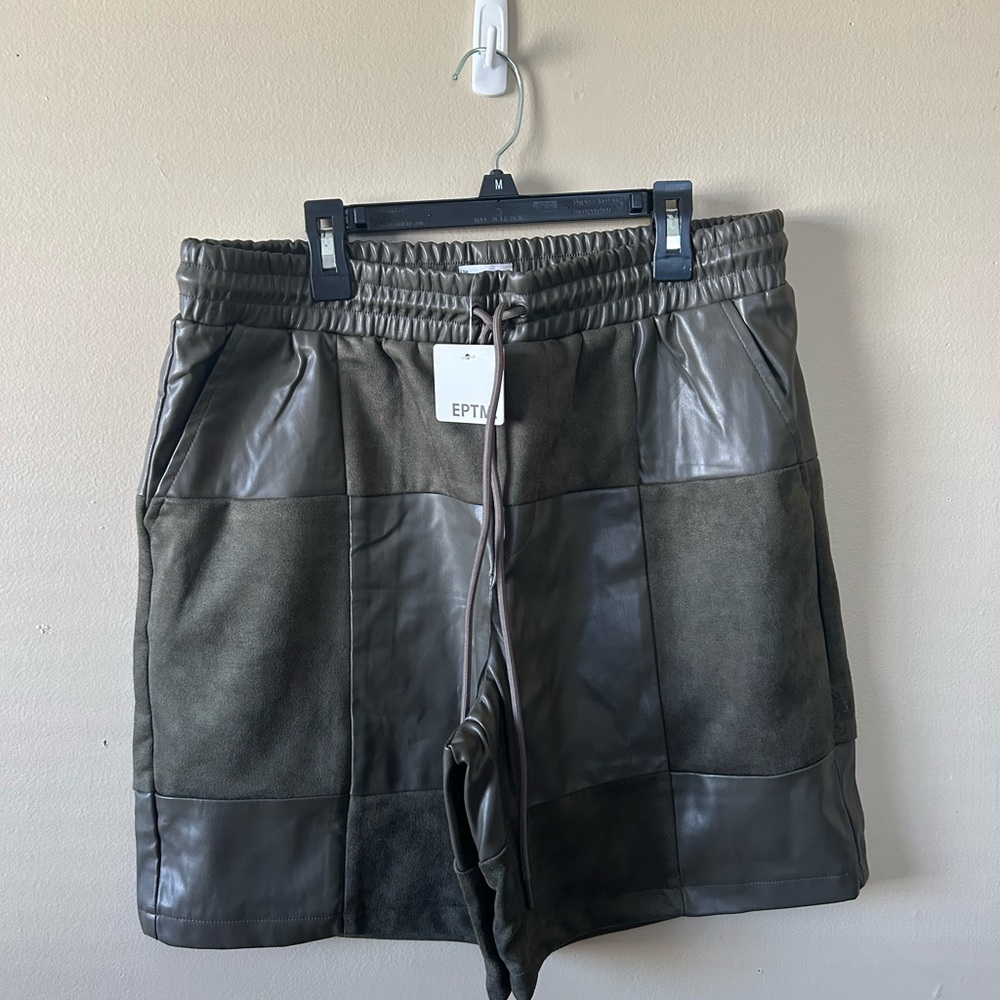 Men's Olive Patchwork Shorts pleather and suede like material size large/34